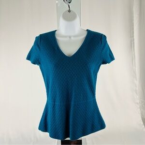 Ann Taylor Geo Jacquard Peplum Top Soft Short-Sleeve V-Neck Teal Blue Size Small